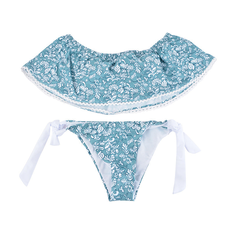 Ensemble de plage à la fente à épaules à épaules éteintes à floral clair