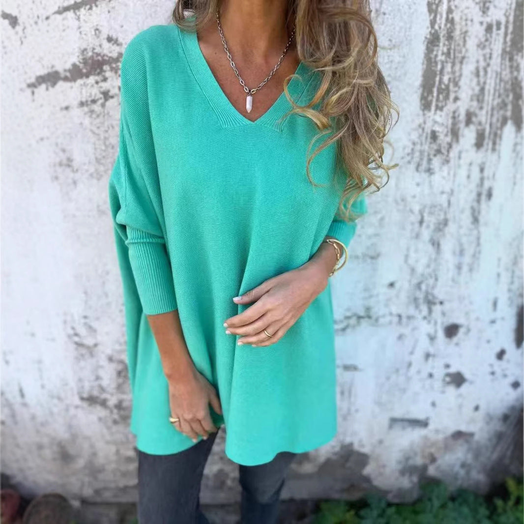 Autumn Winter Knitted V Neck Long Sleeve Loose Top For Women