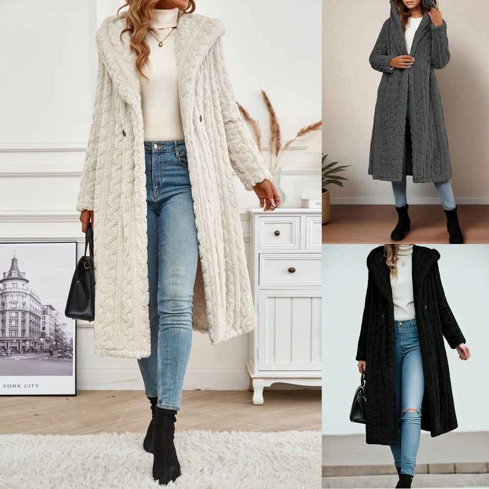 Fashion Long Solid Color Long Sleeve Hooded Wool Women's Coat
