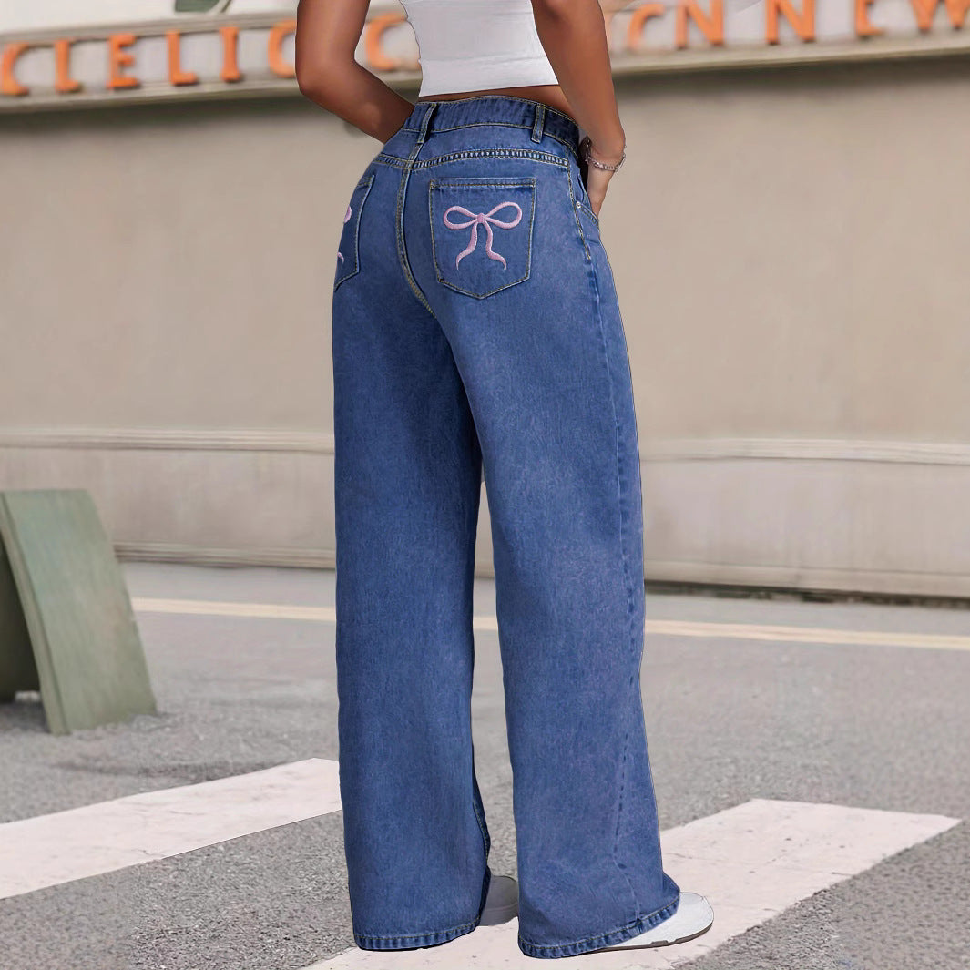 Bow-knot Embroidered Trendy Loose-fit Casual Jeans