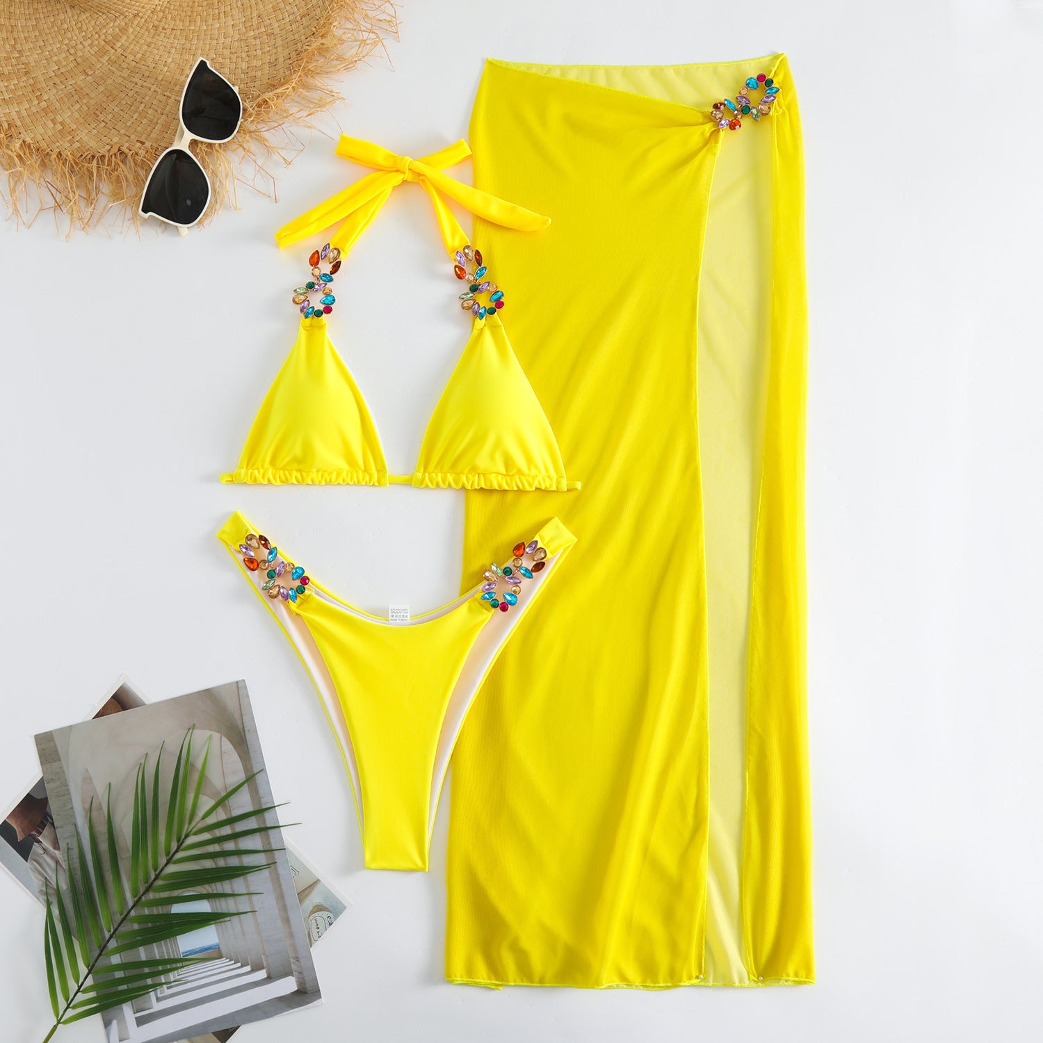 Leichtes Diamantgitter dreiteiliger Bikini mit langem Rock