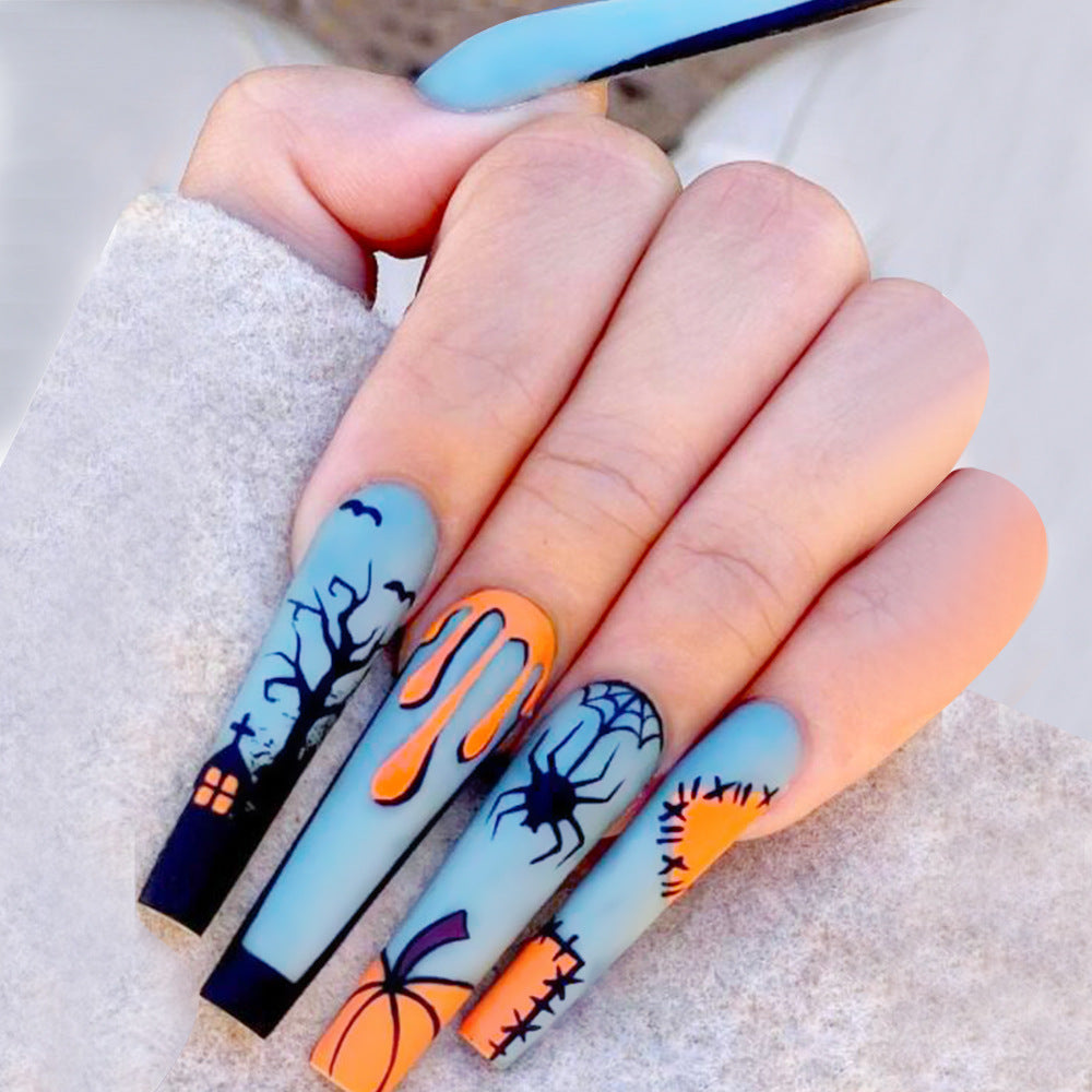 Women's Long Halloween Themed Coffin Nail Set in Blue and Orange