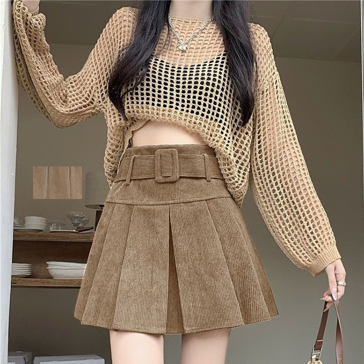 Anti Exposure Figure Flattering High Waisted Pleated Corduroy Skirt