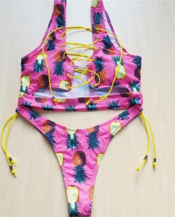 Pineapple Lace-Up Thong Bikini Set for Full-Busted Beach Confidence