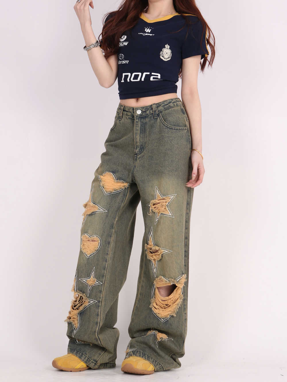 Tattered Wide-Leg Jeans with Retro Love Patchwork