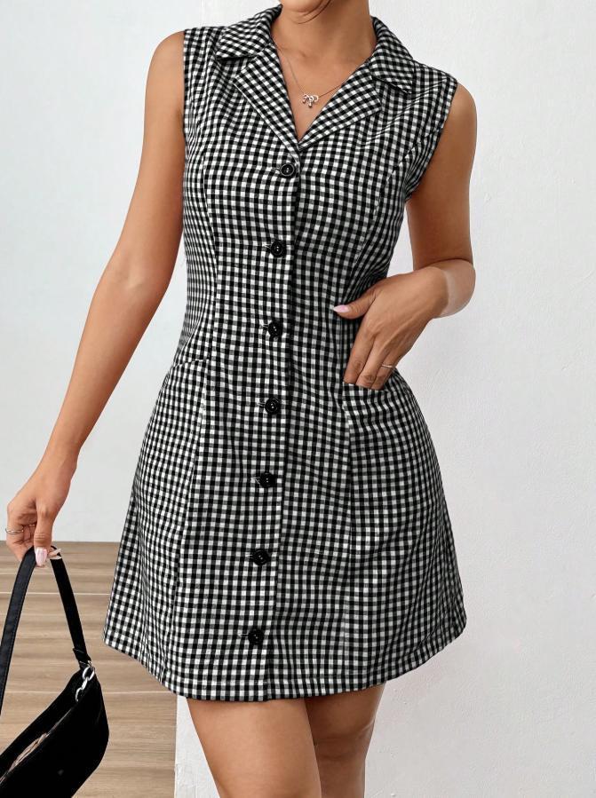 Chic French Plaid Plaid Lapel -Kleid mit Vintage Retro Allure