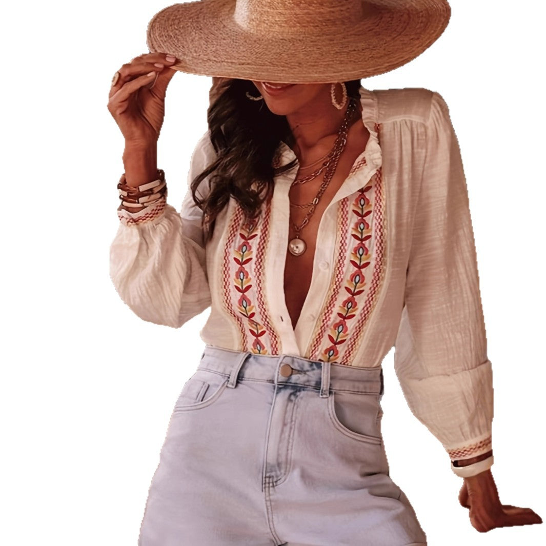 Women's Retro Ethnic-Style Embroidered Long-Sleeve Shirt