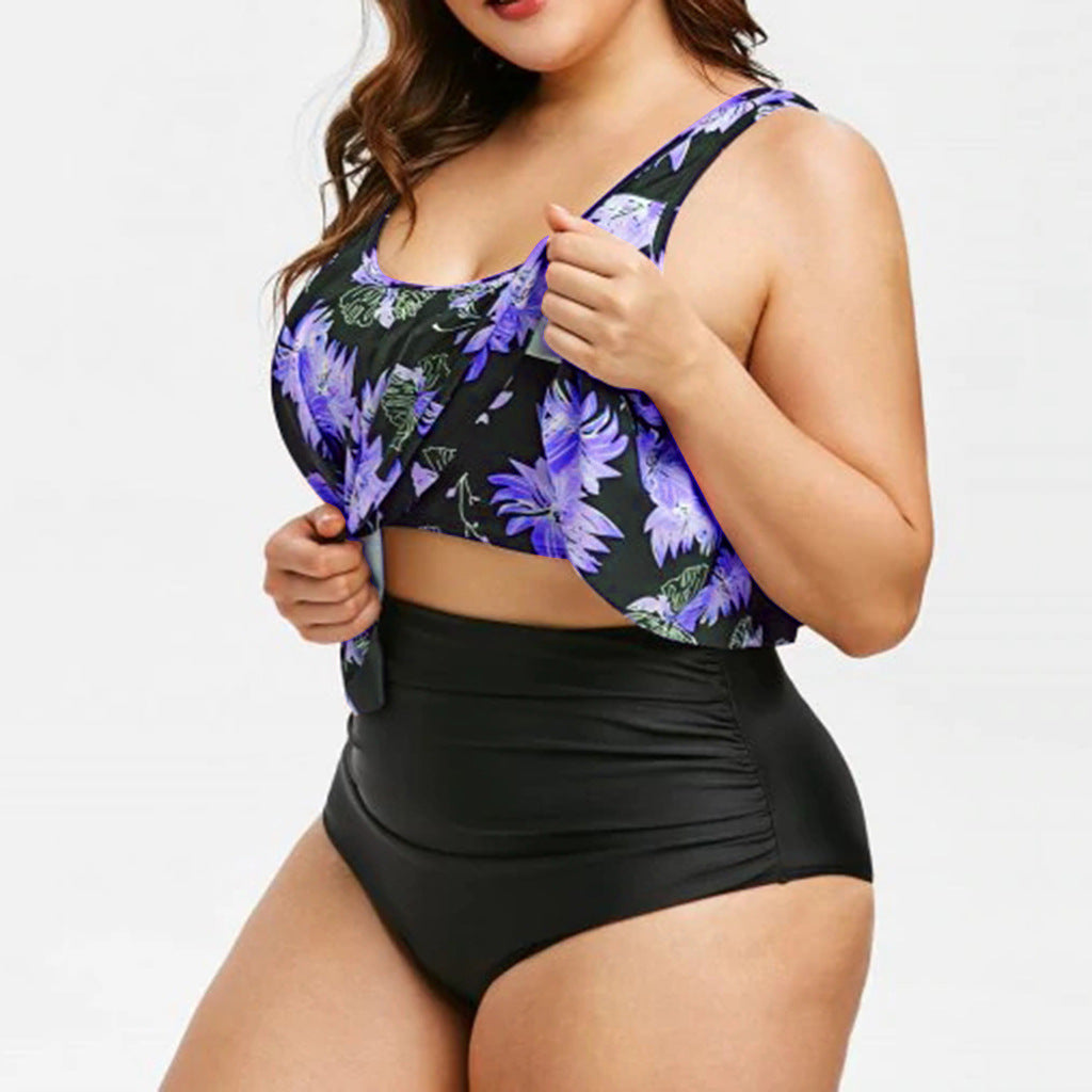 High-Waist Lotus Print One-Piece Swimsuit for Elegant Flair