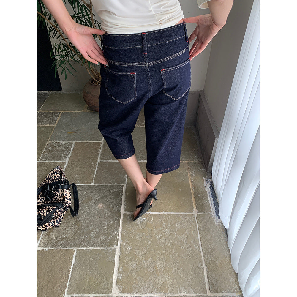 Red Stitch Straige-Leg Denim Pants untuk Lapisan Musim Semi