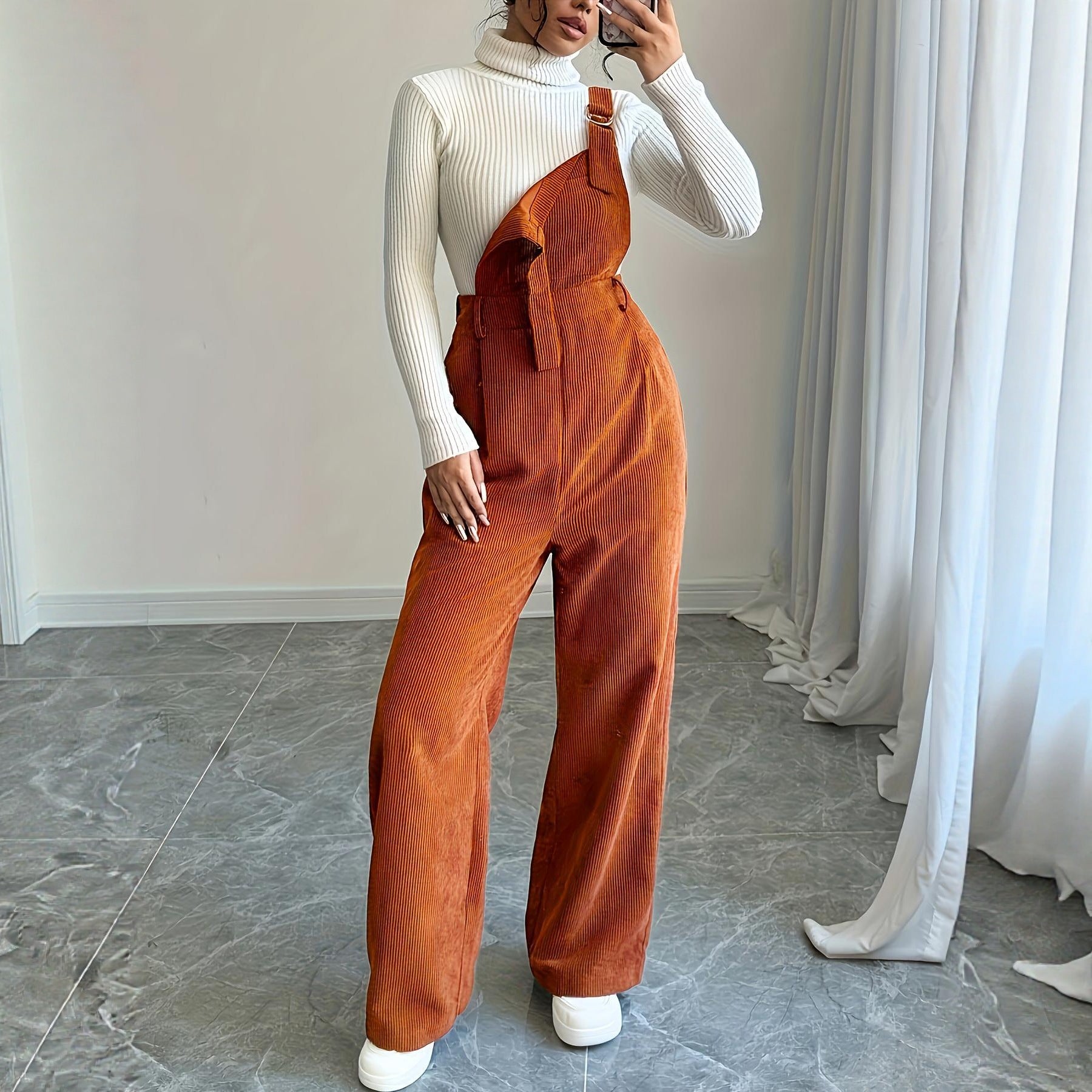 Corduroy Loose Straight Bib Pants Women