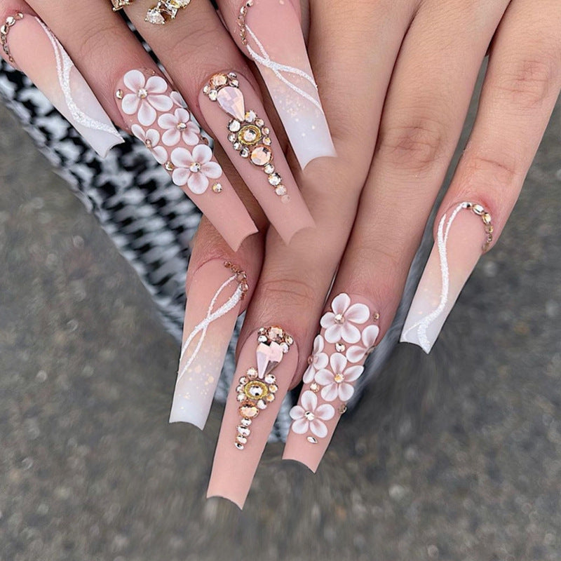 Women's Long Coffin Shape Fake Nails with Floral and Jewel Adornments