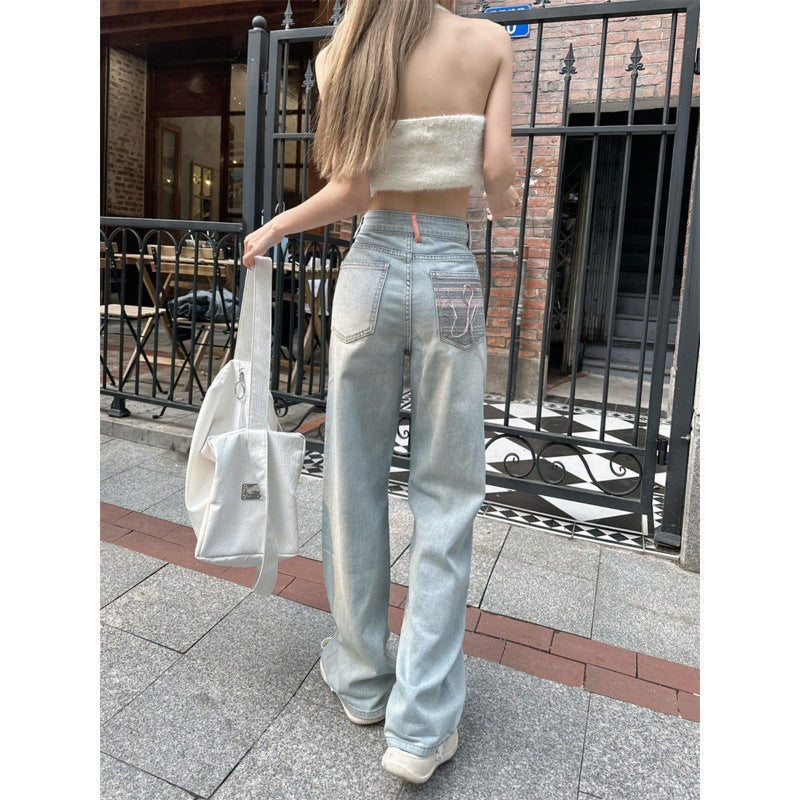 Jeans de perno largo de pernas largas azuis azuis claros