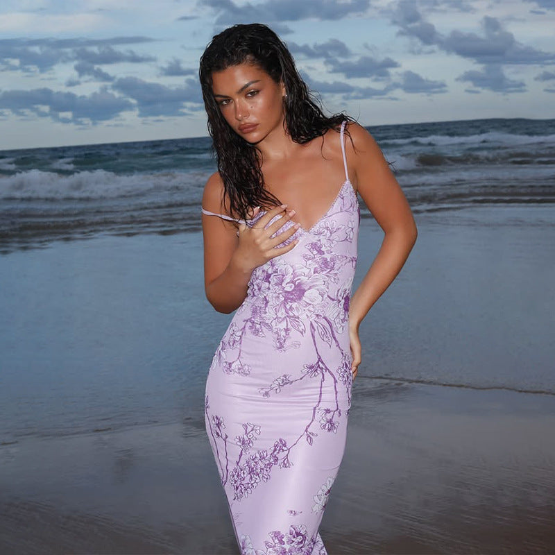 أنيقة V-neck Purple Print Bodycon فستان لحفلات المساء