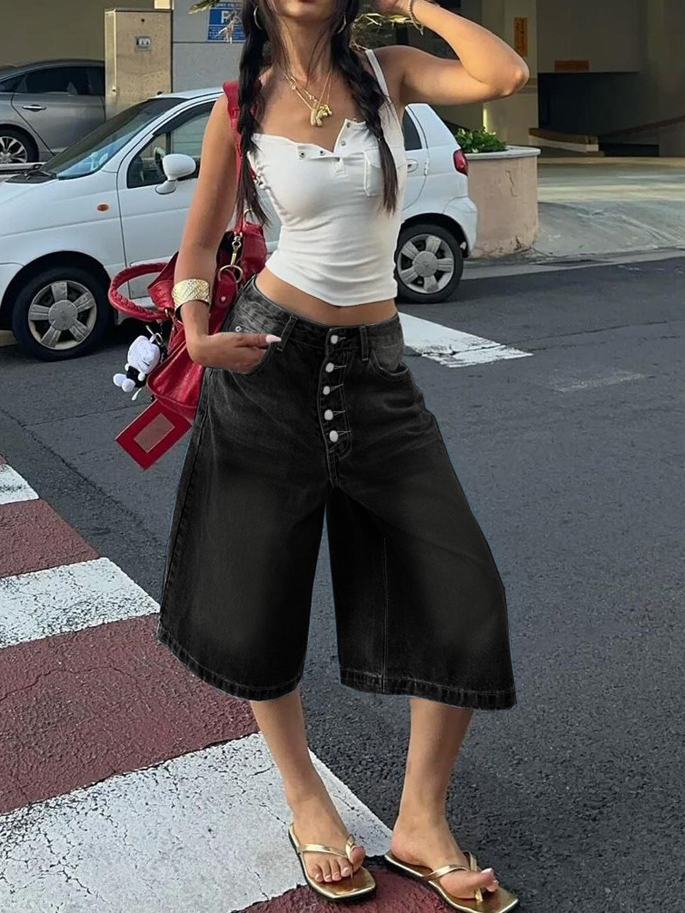 High-Waisted Multi-Breasted Denim Shorts with Modern Edge