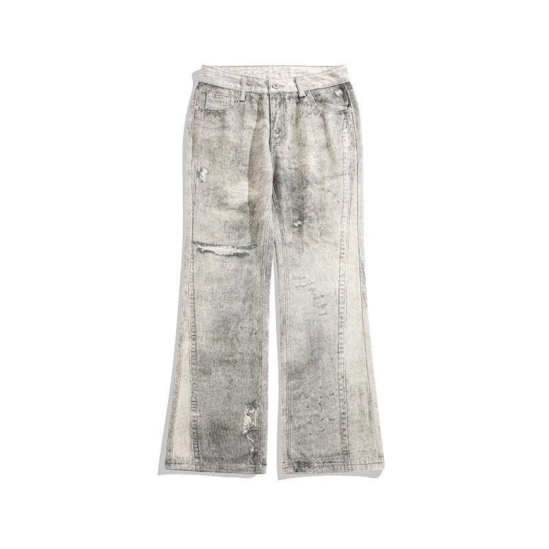 Tie-Dyed Worn Jeans with Slight Mop Hem and Vintage Holes