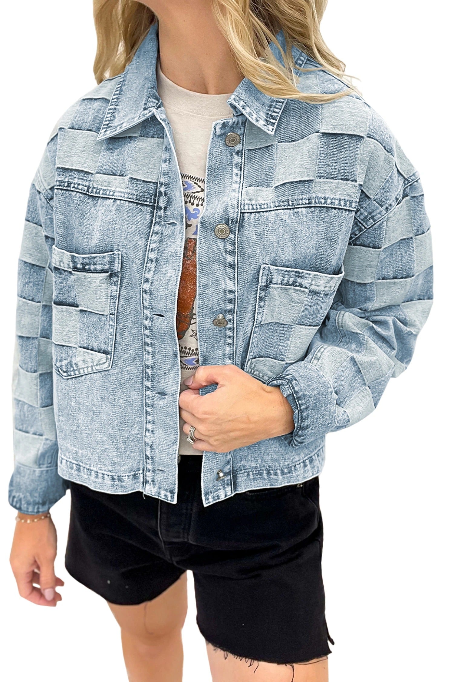 Women's Loose Casual Checkered Denim Jacket