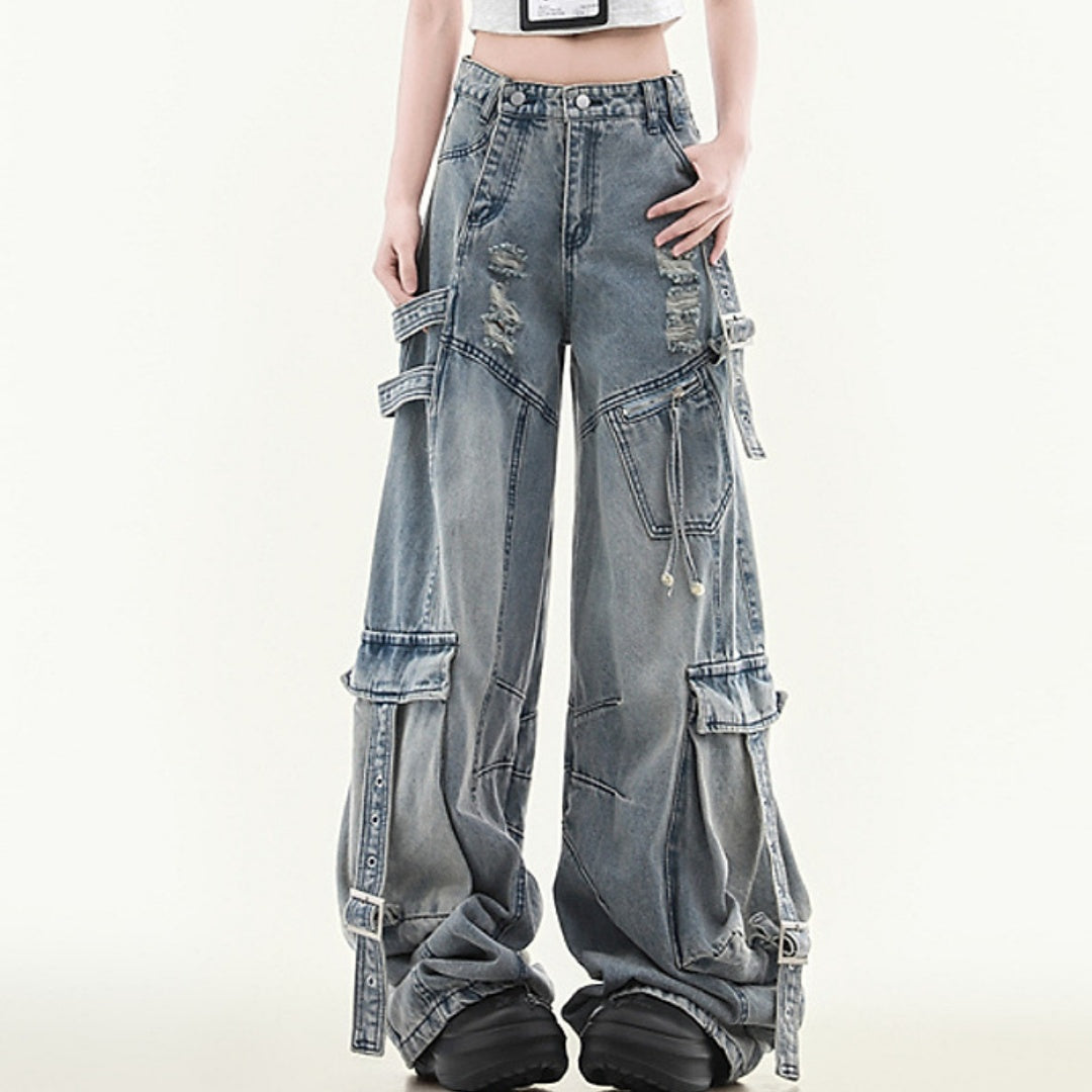 Women's Straight Loose Multi-pocket Cargo Jeans