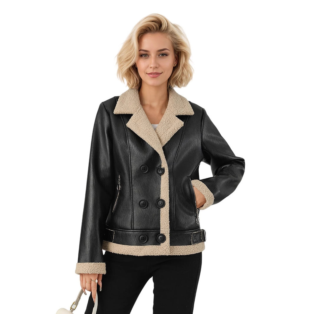 Fleece Padded PU Leather Belted Commuter Coat For Women
