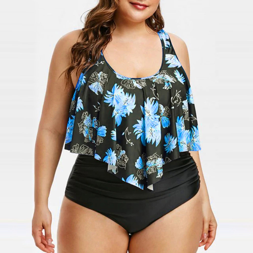 High-Waist Lotus Print One-Piece Swimsuit for Elegant Flair