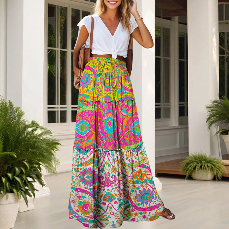 Color Block Floral Maxi Falda con cintura elástica de cordón