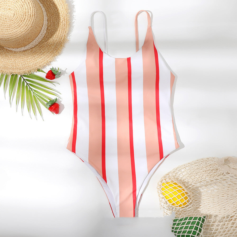 Women's One Piece Orange and Red Vertical Stripe Swimsuit