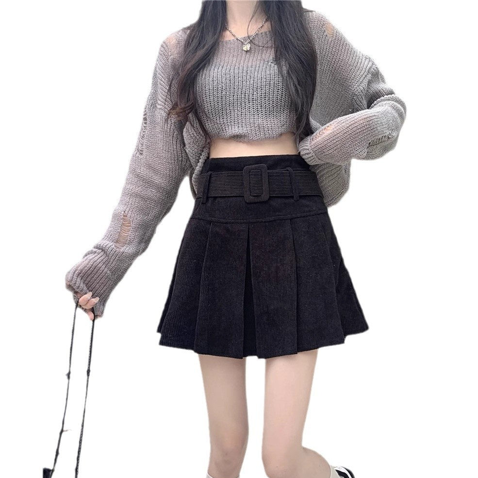 Anti Exposure Figure Flattering High Waisted Pleated Corduroy Skirt