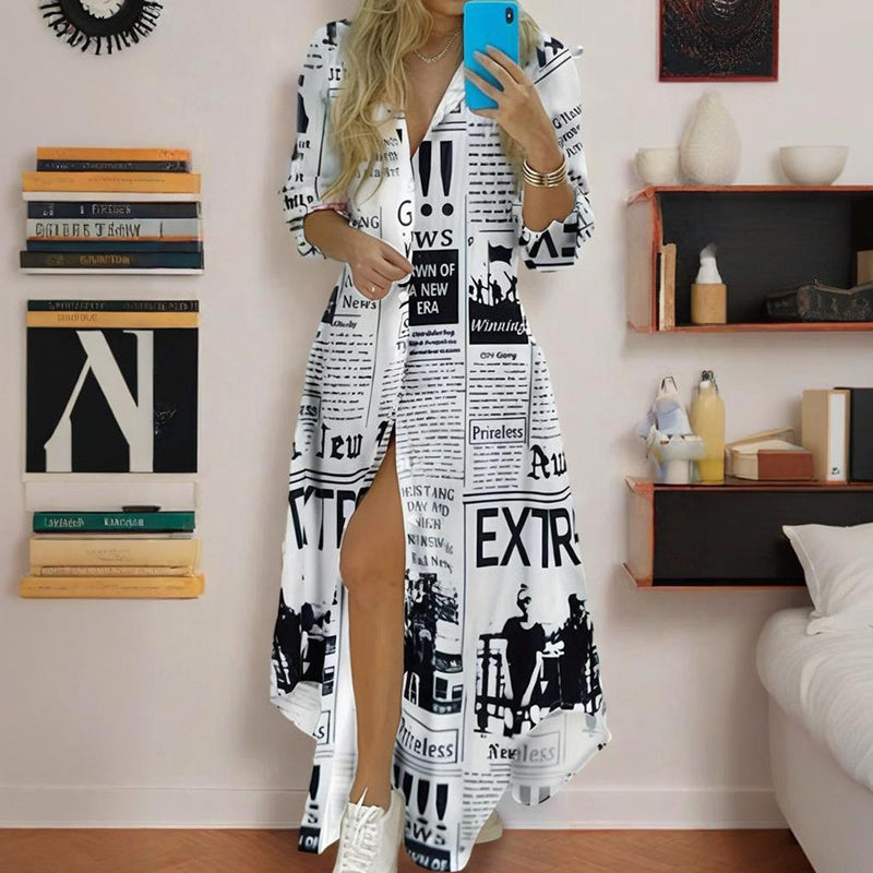 Zeitungsdruck-Shirt-Kleid mit entspannten Button-Down-Anziehungskraft