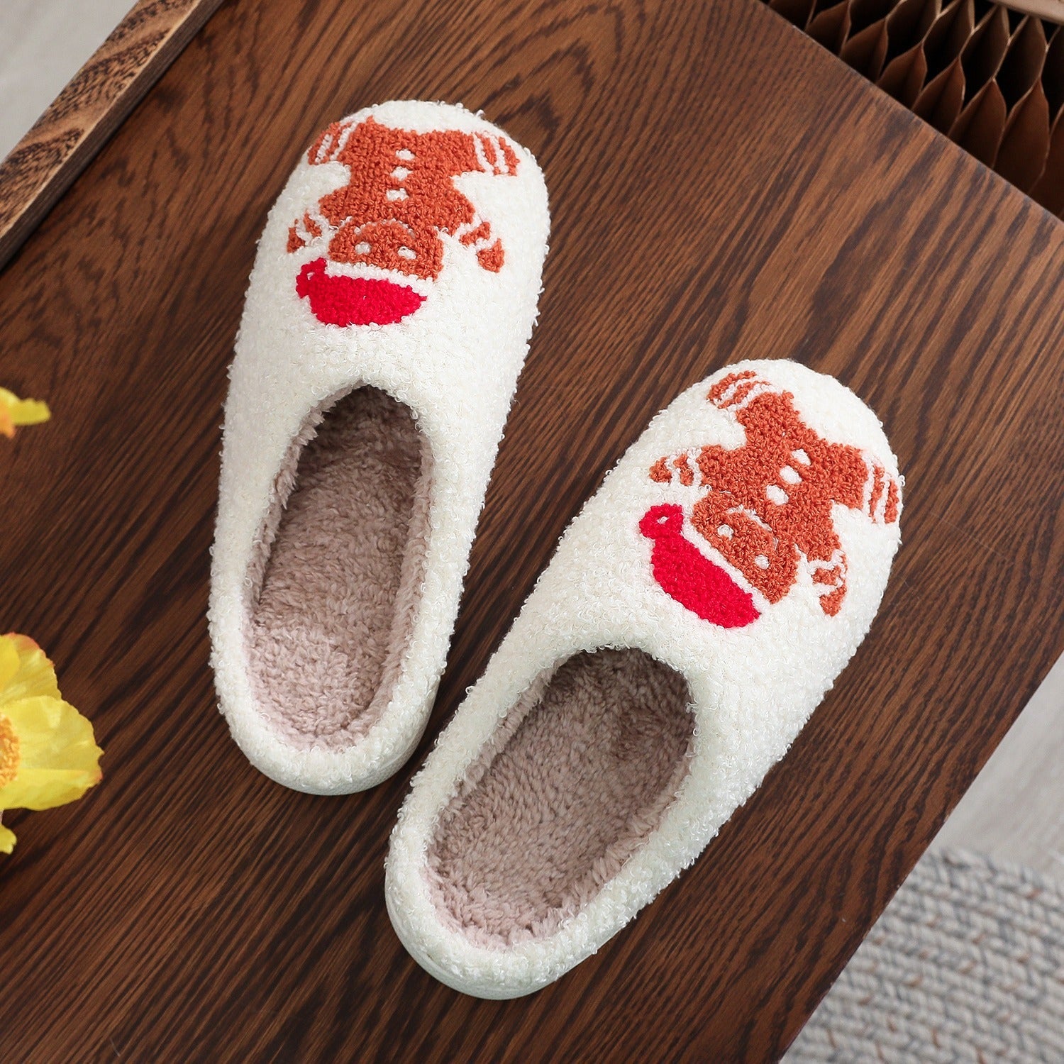 Ultra Soft Fleece Closed Toe Slip On Gingerbread House Shoes