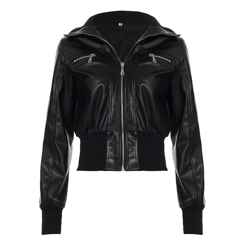 Retro Workwear Zipper Leather Jacket Coat