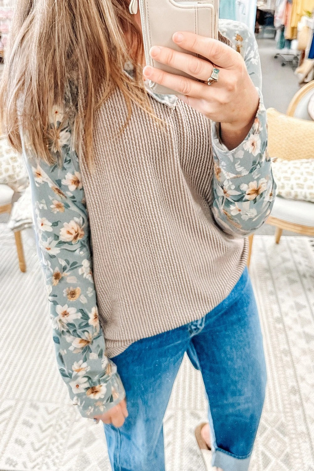 Khaki Ribbed Floral Patchwork Long Sleeve Top For Women