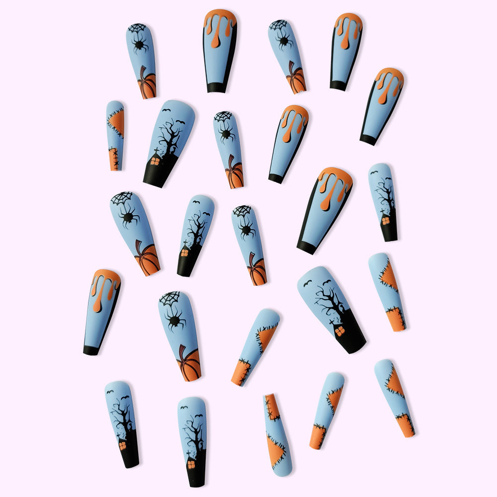 Women's Long Halloween Themed Coffin Nail Set in Blue and Orange