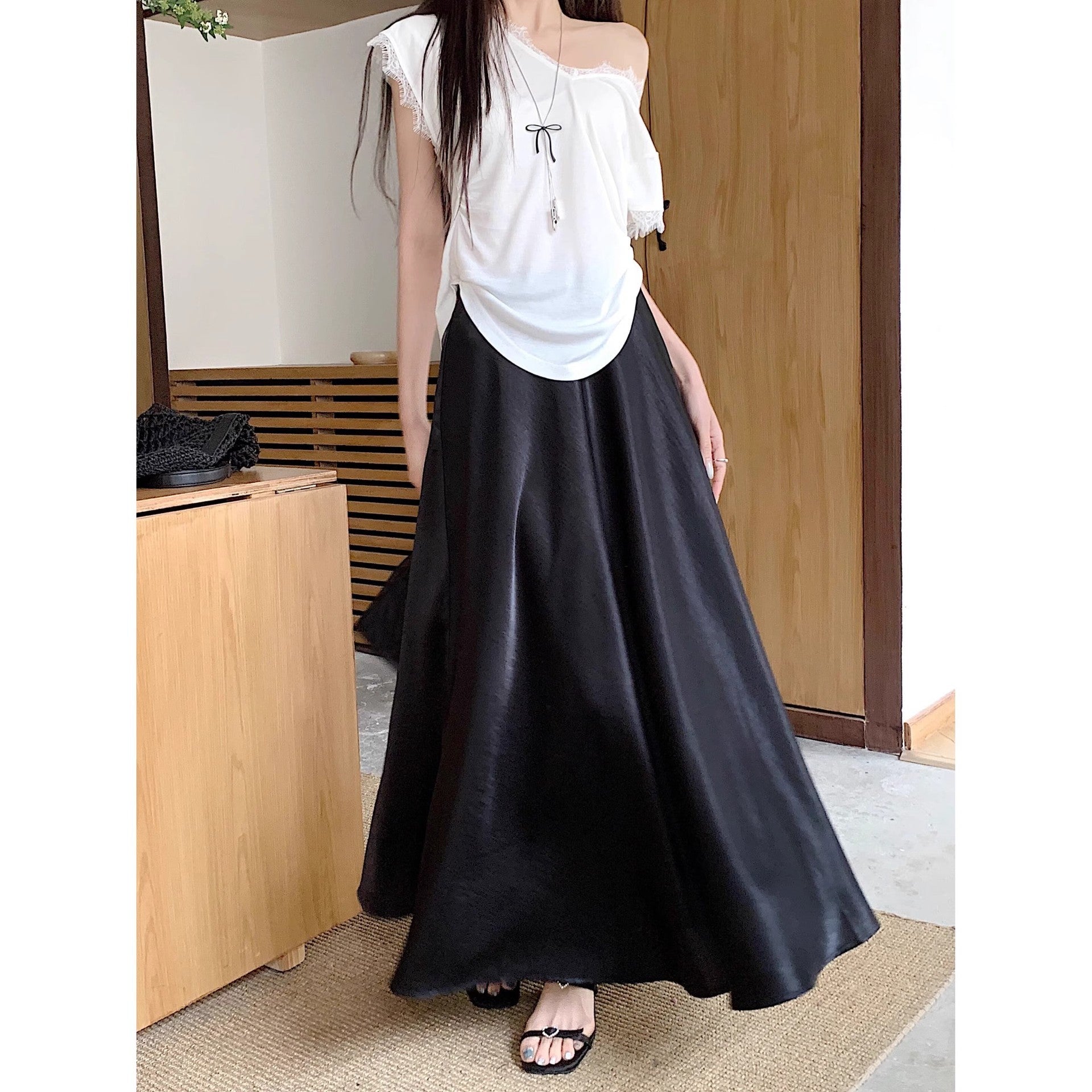 Acetate Satin Draped Skirt For Casual Versatile Styling