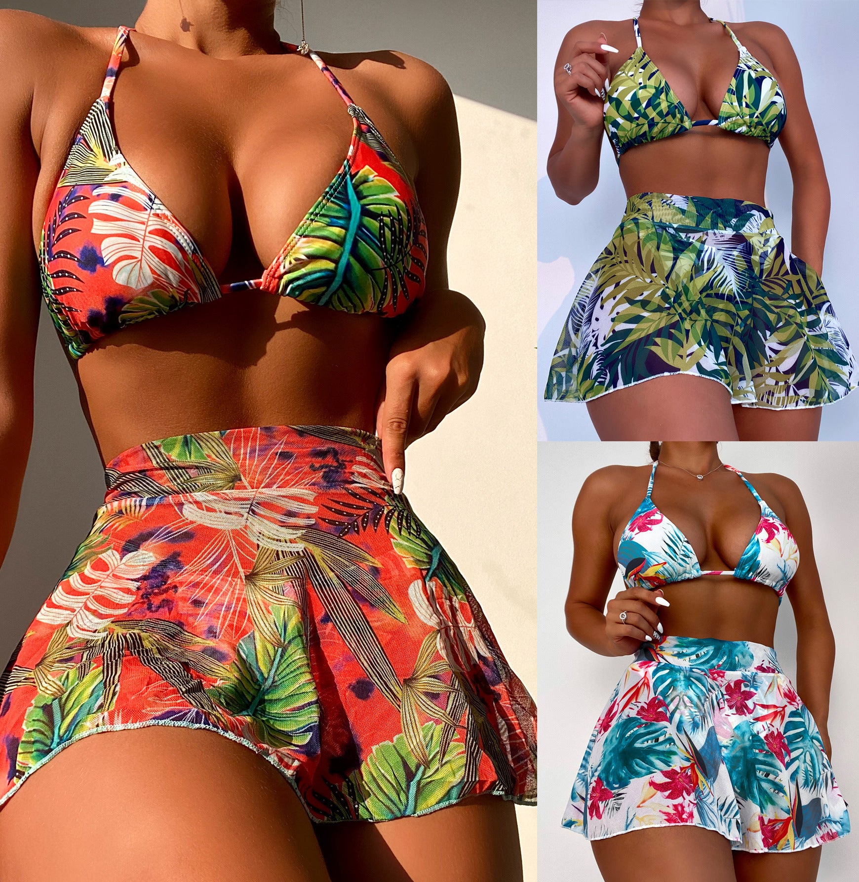 Bikini de tres piezas de hoja de flores grandes para un estilo empoderado