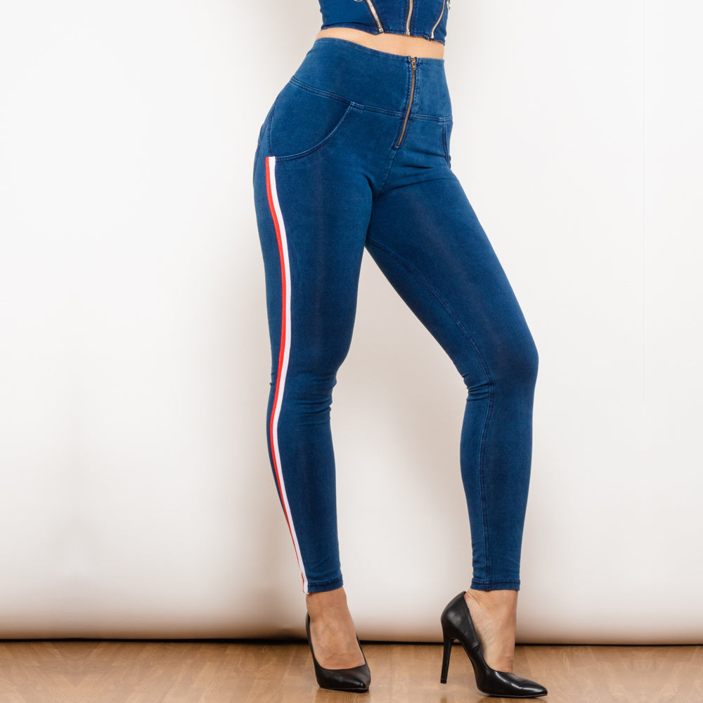 Black Stretch Pencil Jeggings with Striped Slim Design