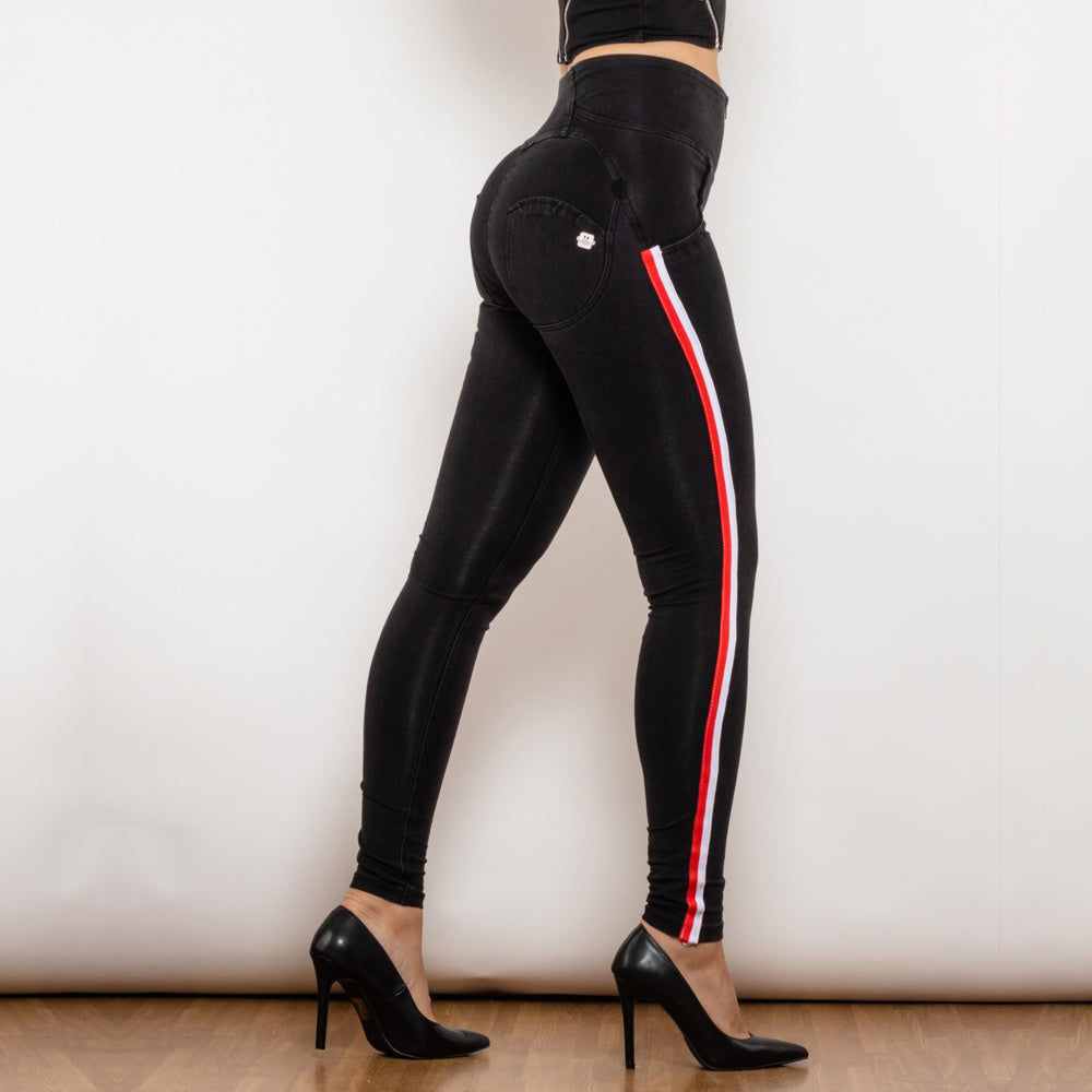 Black Stretch Pencil Jeggings with Striped Slim Design
