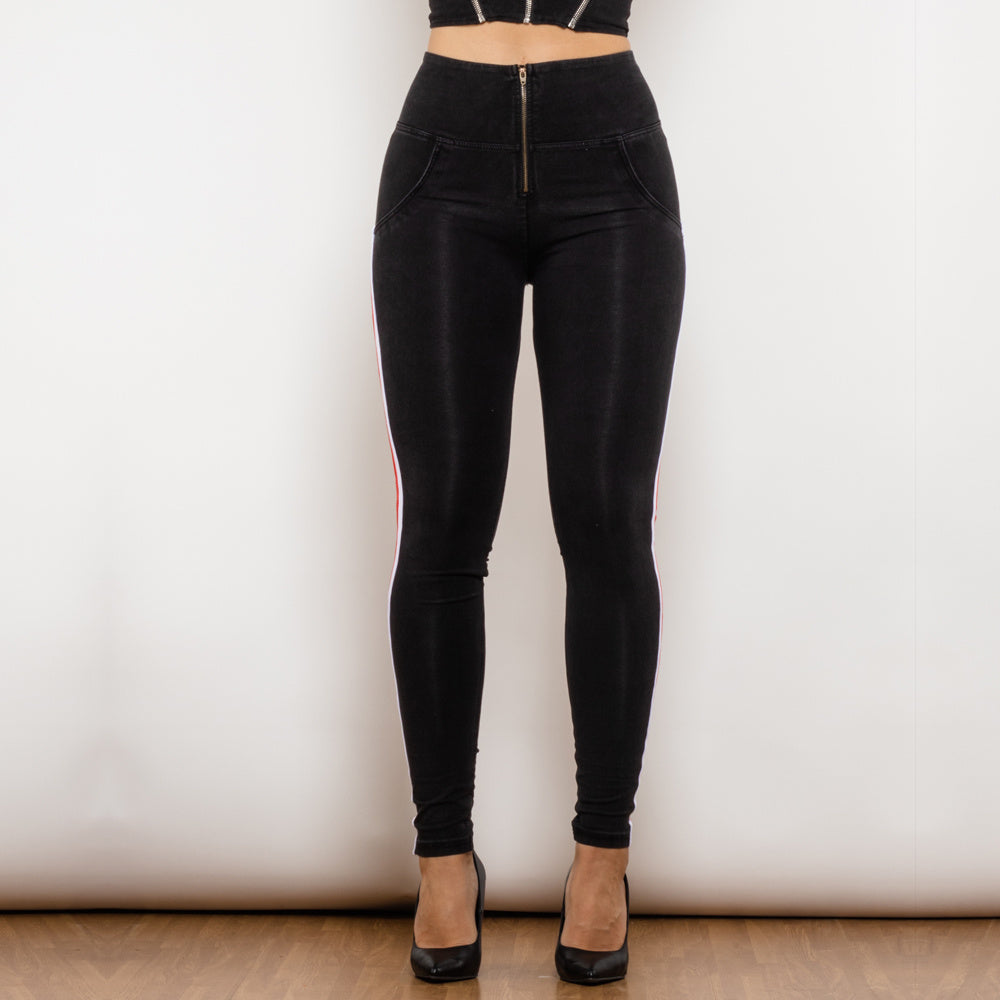 Black Stretch Pencil Jeggings with Striped Slim Design