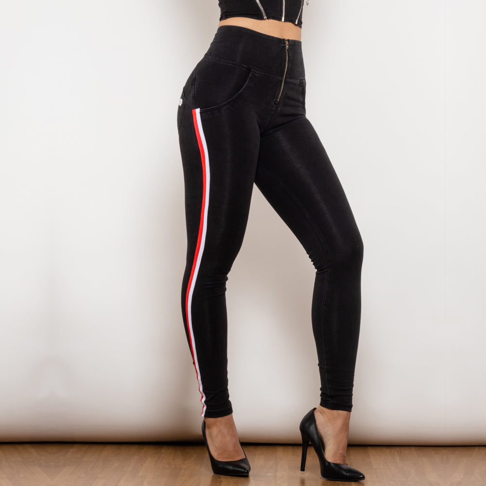 Black Stretch Pencil Jeggings with Striped Slim Design