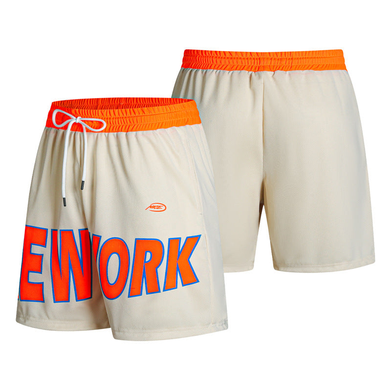 Breathable Mesh Shorts with Bold Letter Print Design-Beige-Theone Apparel