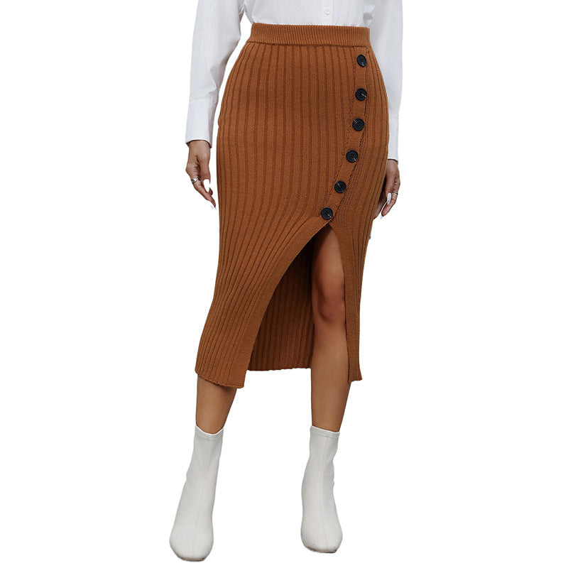 Button Knitted Slit Skirt For Casual Elegant Commuting