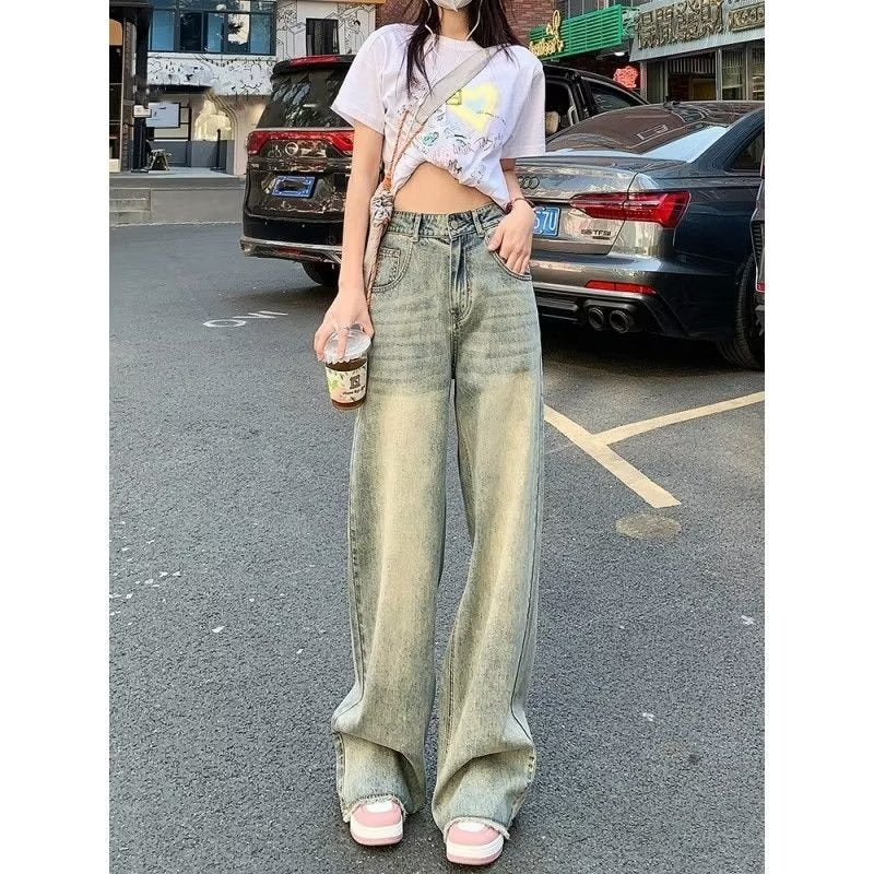 Jeans de cemento amarillo ancho con vibra de primavera retro