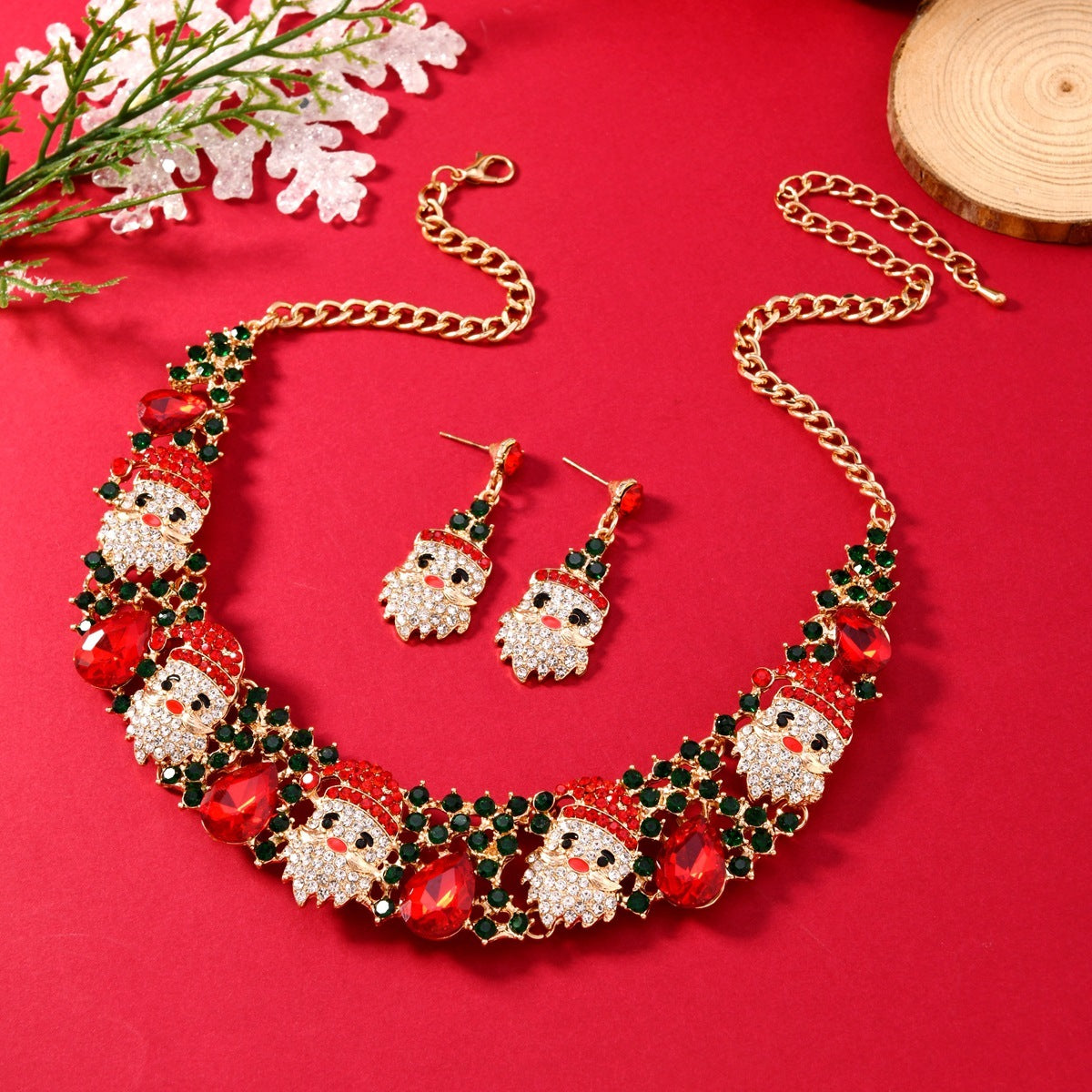 Christmas Santa Claus Rhinestone kraag ketting en bengelende post oorbellen set