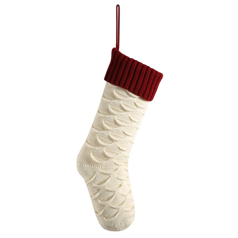 Christmas Stockings with Traditional Knit Style and Ribbed Cuff-Ivory White Body Purplish Red-Theone Apparel