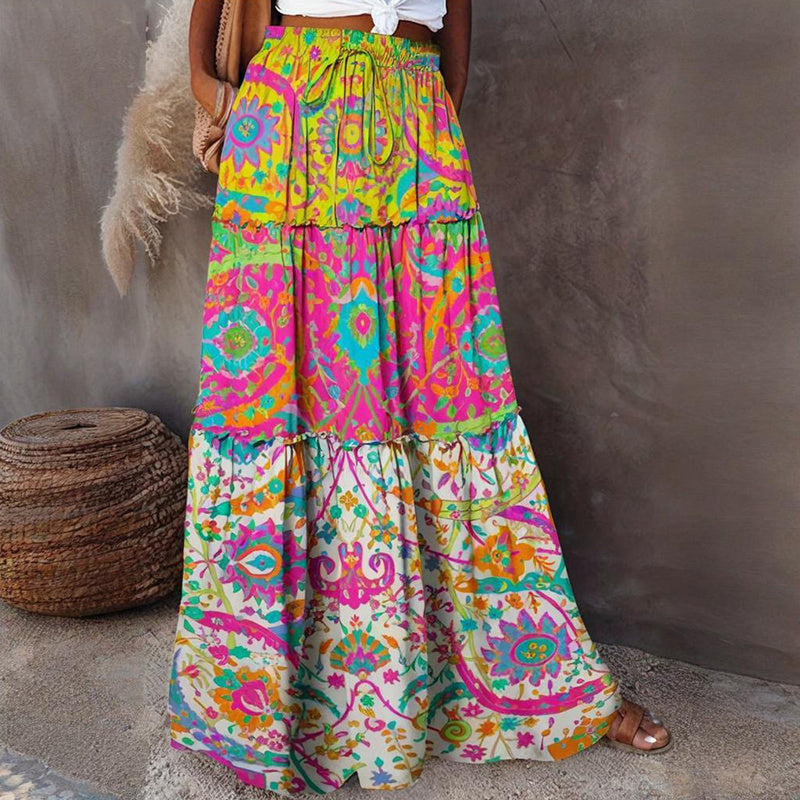 Color Block Floral Maxi Skirt With Elastic Drawstring Waist