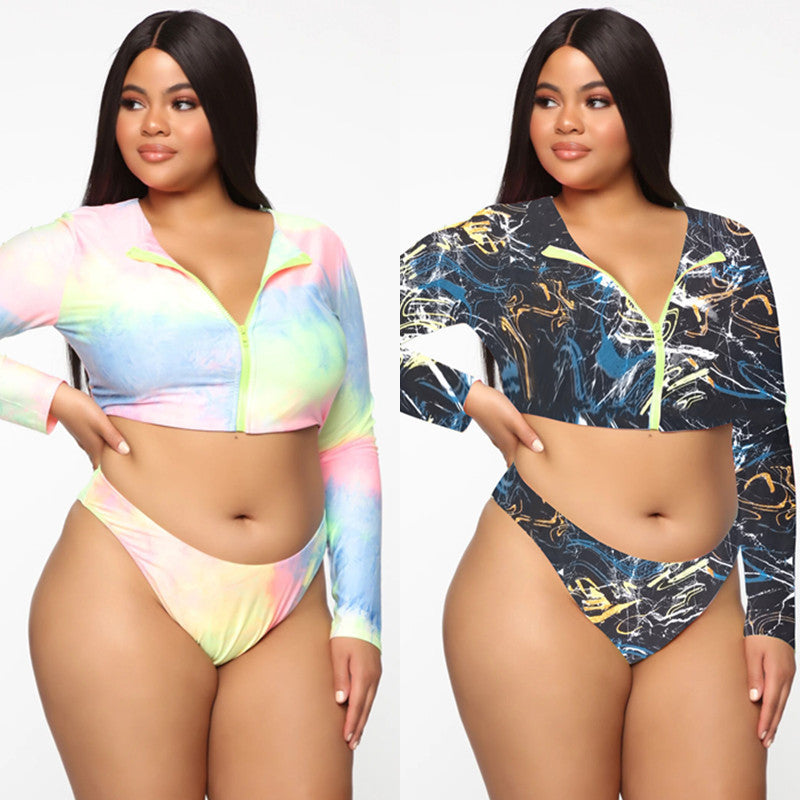 Colorful Plus-Size Zippered Bikini Swimsuit with Long Sleeves-Theone Apparel