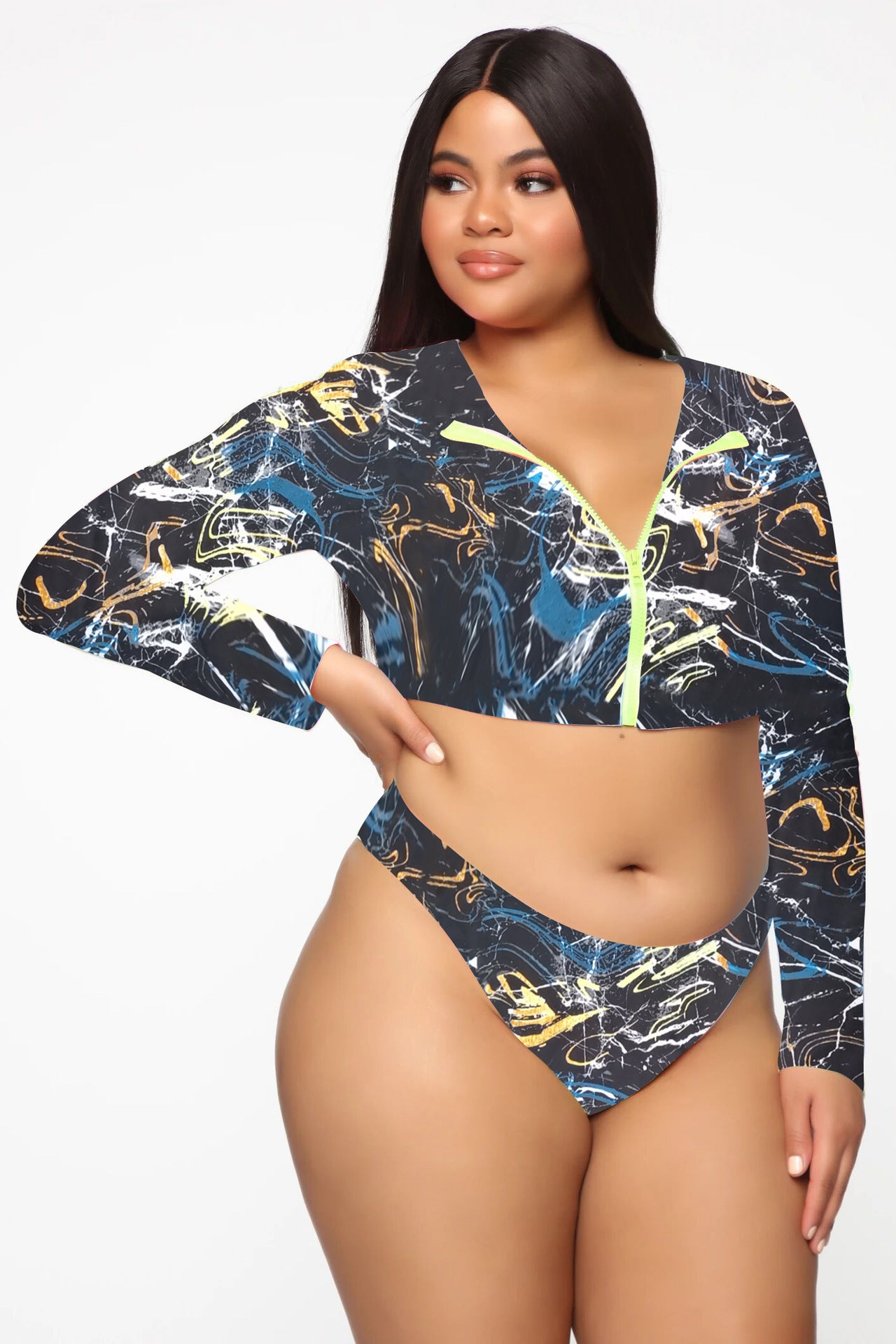 Colorful Plus-Size Zippered Bikini Swimsuit with Long Sleeves-Starry Sky-Theone Apparel