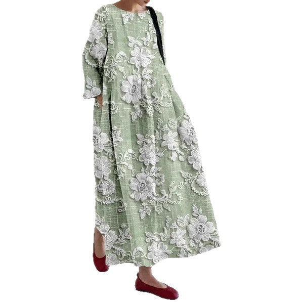 Creative Three-Quarter Sleeve Floral Dress with Relaxed Silhouette-Theone Apparel