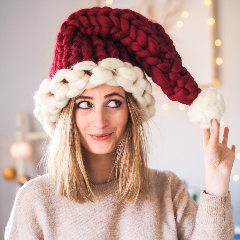 Cute Plush Knit Style Oversized Santa Hat with Puffball-Theone Apparel