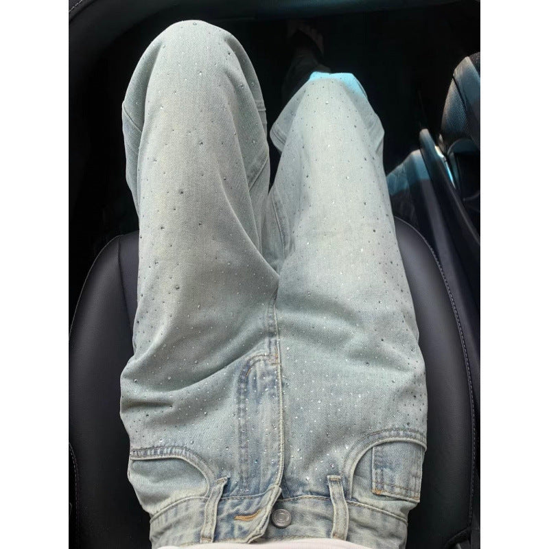 Jeans de diamantes de imitación de diseñadores con forma de pierna ancha delgada