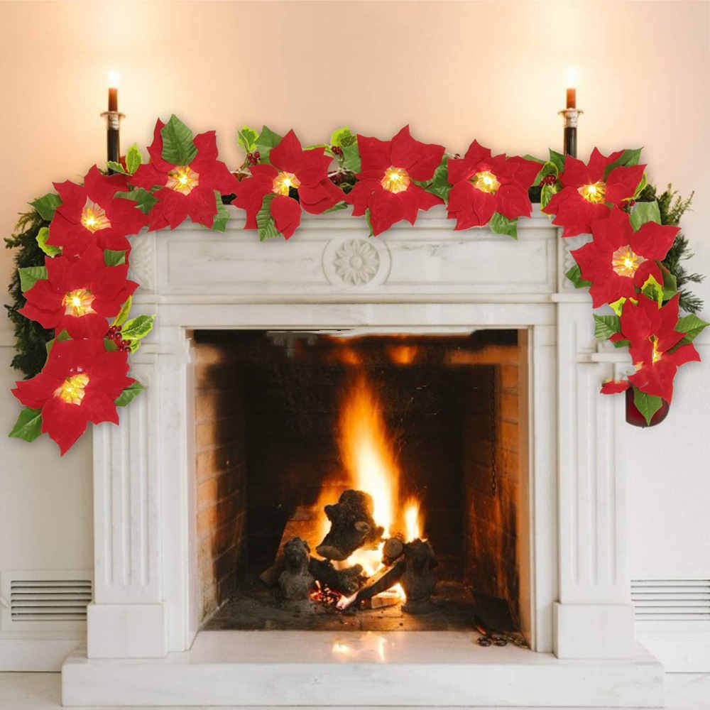 Elegant Christmas Red and Green Floral Garland Decoration-2meters 10 Lights 2 Battery-Theone Apparel