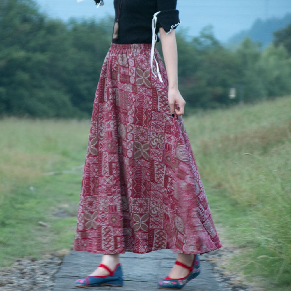 Ethnic Style Cotton Linen Swing Skirt With Elastic Waist